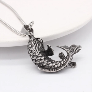 Retro koi fish pendant necklace in antique silver finish with textured box chain