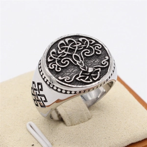 Vintage stainless steel Tree of Life signet ring with Celtic knot design for men