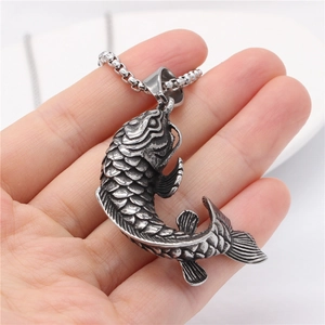 Retro koi carp pendant necklace in titanium steel with detailed scales and beaded chain
