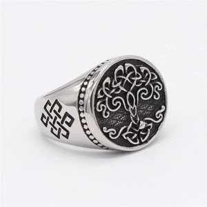 Vintage stainless steel Tree of Life ring with Celtic knot patterns in silver finish