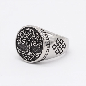 Vintage silver tree of life signet ring for men in stainless steel with celtic patterns