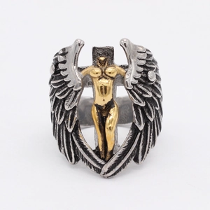 Retro Titanium Steel Angel Wings Cross Ring For Men Gold Silver Two Tone Gothic Punk Sculpture Religious Finger Ring Jewelry