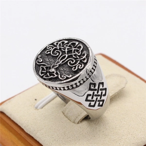 Vintage stainless steel Tree of Life ring with Celtic knot patterns in antique silver finish