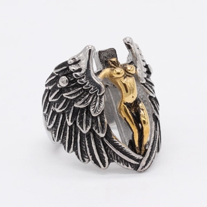 Retro gothic angel wings ring in silver and gold steel for men biker style