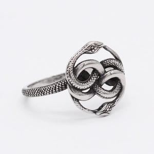 Retro double snake wrap ring in vintage silver titanium steel with detailed scale texture