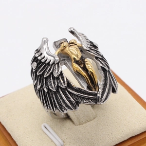 Vintage gothic titanium steel ring with silver feather wings and gold angel carving