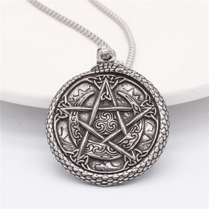 Vintage viking pentagram pendant necklace in oxidized titanium steel with snake scale texture