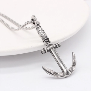 Retro stainless steel anchor pendant necklace with vintage silver finish and bead chain