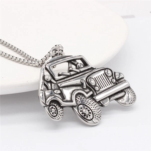 Vintage stainless steel off-road jeep pendant necklace with retro silver finish for men
