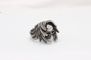 Detailed macro shot of vintage silver wings and 3D skull on a stainless steel ring