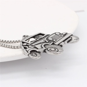 Retro stainless steel off-road jeep pendant necklace with detailed industrial design