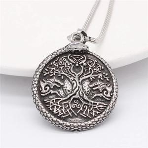 Retro Viking pendant with Yggdrasil Tree of Life and Norse wolf symbols on silver chain