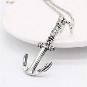 Retro nautical anchor pendant necklace in vintage stainless steel with a square link chain