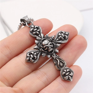 Retro Gothic Skeleton Rose Cross Pendant Necklace For Men Titanium Steel Antique Silver Punk Jewelry Pendant Only No Chain