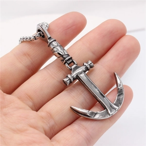 Vintage silver anchor pendant necklace with bead chain for men in nautical style