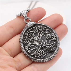 Vintage silver Viking Tree of Life and wolf medallion necklace for men in steel