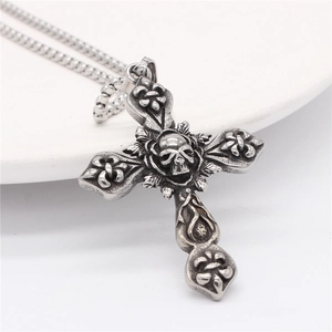 Vintage gothic skull cross pendant necklace with roses and pearl chain in titanium steel
