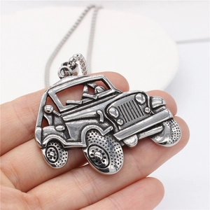 Vintage stainless steel off-road vehicle pendant necklace with rustic finish and ball chain