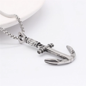Retro stainless steel anchor pendant necklace with vintage silver finish on a box chain