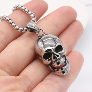 Retro punk style stainless steel skull pendant necklace with a thick round box chain