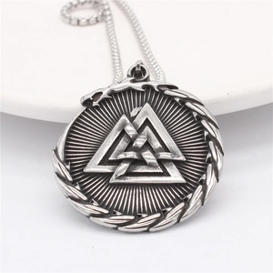 Vintage silver Valknut Viking pendant necklace with dragon symbol on a round steel plate