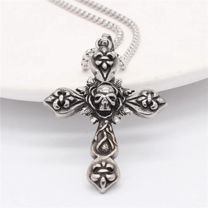 Retro gothic cross necklace with skull and fleur-de-lis in antique silver finish