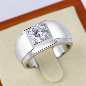 Men's wide silver titanium steel ring with a large brilliant round-cut moissanite stone