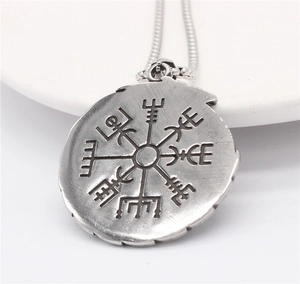 Vintage steel Viking Vegvisir compass necklace for men with brushed silver pendant