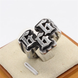 Retro punk style 666 men's titanium steel ring with vintage oxidized silver finish