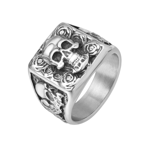 Vintage Gothic Skull Rose Signet Ring For Men Titanium Steel Punk Rock Oxidized Silver Band Jewelry Gothic Gift For Him