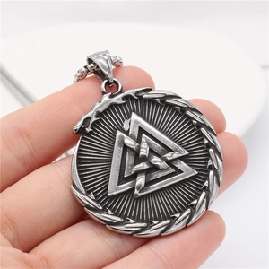 Vintage steel Viking Valknut pendant necklace with Ouroboros symbol for men