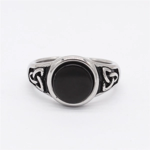 Vintage Viking black onyx ring in silver stainless steel with Celtic knot design
