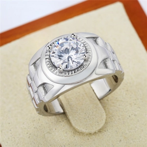 Men's silver wedding ring with large round solitaire zircon and geometric texture