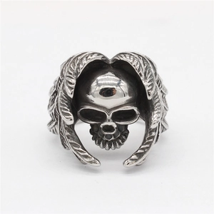 Vintage gothic skull and wing ring for men made of durable silver-colored stainless steel