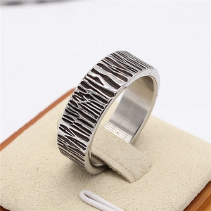Retro wide bark texture titanium steel ring for men in antique silver finish