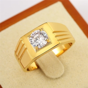 Mens gold stainless steel wedding ring with large round zircon and grooved band