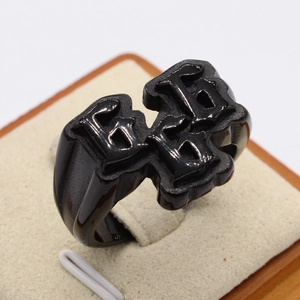 Gothic 666 men's punk rock ring made of polished black titanium steel with 3D carving