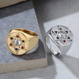 Bague Étoile de David en Acier Inoxydable Vintage pour Hommes Femmes Strass Colorés Incrustés Chevalière Religieuse Bijoux