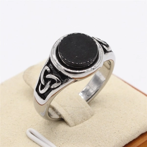 Vintage Viking stainless steel ring with black stone and Celtic knot engraving