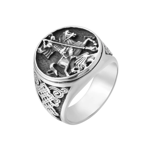 Men Retro Stainless Steel Signet Ring Saint George And The Dragon Relief Celtic Knot Antique Silver Knight Biker Ring Jewelry