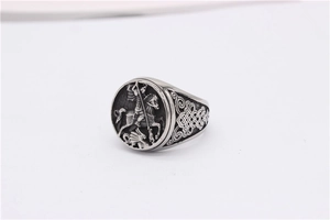Detailed relief of Saint George and the dragon on vintage silver men's signet ring