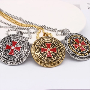 Retro stainless steel cross shield pendant necklaces in gold, silver and antique finishes