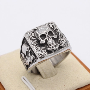 Vintage gothic skull and rose signet ring for men in retro stainless steel finish