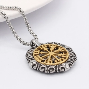 Collier avec pendentif Viking Vegvisir vintage en acier inoxydable bicolore et chaîne