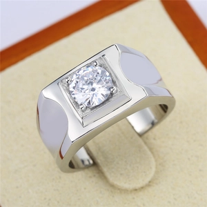 Mens silver fashion wedding ring with square face and large round brilliant cut cubic zirconia