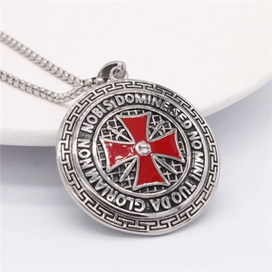 Cross shield pendant necklace with red cross, rhinestone inlay and Latin engraving