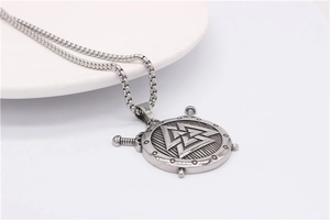 Detail of Viking Valknut shield pendant with box chain in vintage silver finish