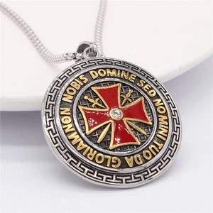 Vintage Knights Templar cross pendant necklace with Latin motto and red enamel finish