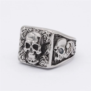 Gothic skull and rose embossed square signet ring in vintage stainless steel style