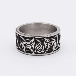Vintage Viking wolf and Celtic knot relief ring in retro stainless steel for men